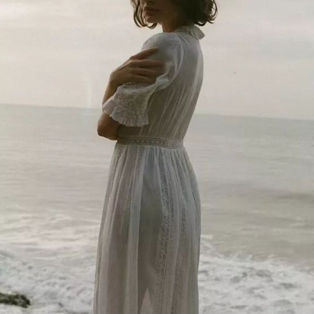 Doen V-neck Midi Dress Ruffle Lace A-line Dress for Women